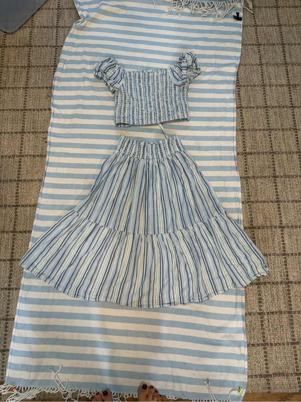 Girls Blue & White Striped Smocked Tank Top and Tiered Skirt Set